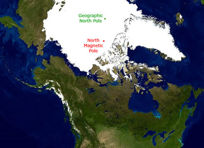 Did you know that the Earth's <a
  href="/earth/polar/polar_geog.html&edu=high&dev=">geographic
  North pole</a> is not in the same place as the Earth's <a
  href="/earth/Magnetosphere/earth_north_magnetic_pole.html&edu=high&dev=">North
  magnetic pole</a>? They are actually several hundred kilometers apart,
  making navigation with a compass impossible near the poles. This picture
  illustrates where they were in 2005. Right at the geographic poles, the <a
  href="/sun/sun.html&edu=high&dev=">Sun</a> shines for half
  the year and it is dark for the other half of the year. This makes a year
  like one long day.<p><small><em>Image courtesy of Windows to the Universe</em></small></p>