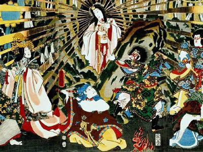 <a href="/mythology/amaterasu_sun.html&edu=elem&lang=sp">Amaterasu</a> es la diosa shinto del sol. Amaterasu del ojo izquierdo del ser primario Izanagi. Cuando su hermano Susanowo la maltrat, se escondi en una caverna en el cielo, cerrando la entrada con una enorme roca. Esta imagen la muestra saliendo de la cueva, con algunas rocas a un lado. 
<p><small><em>Imagen en dominio pblico /Wikipedia Commons</em></small></p>