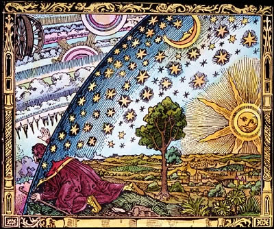 Por milenios, los pueblos han buscado explicar el origen del cielo y las estrellas. Esta imagen, titulada, "El Universo y el Hombre", se basa en una imagen anterior, del siglo 16, ms tarde publicada por el astrnomo francs Camille Flammarion, en L'Atmosphre: Mtorologie Populaire (Paris, 1888).
<p><small><em>Imagen cortesa de Photodisc, Inc.  </em></small></p>